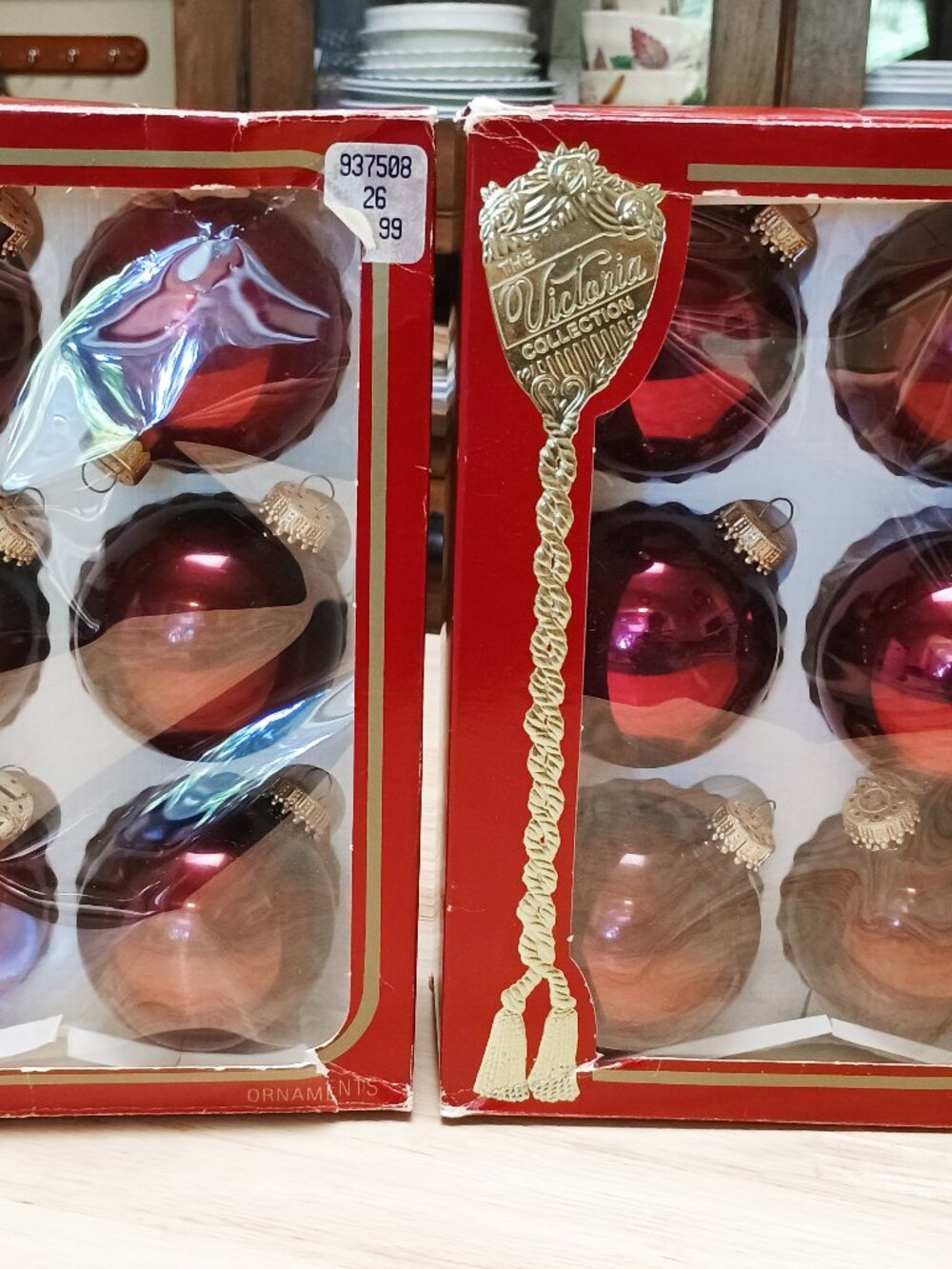 VTG "Victoria" Burgundy Glass Christmas Ornaments by Rauch, Set 12 in Orig Boxes